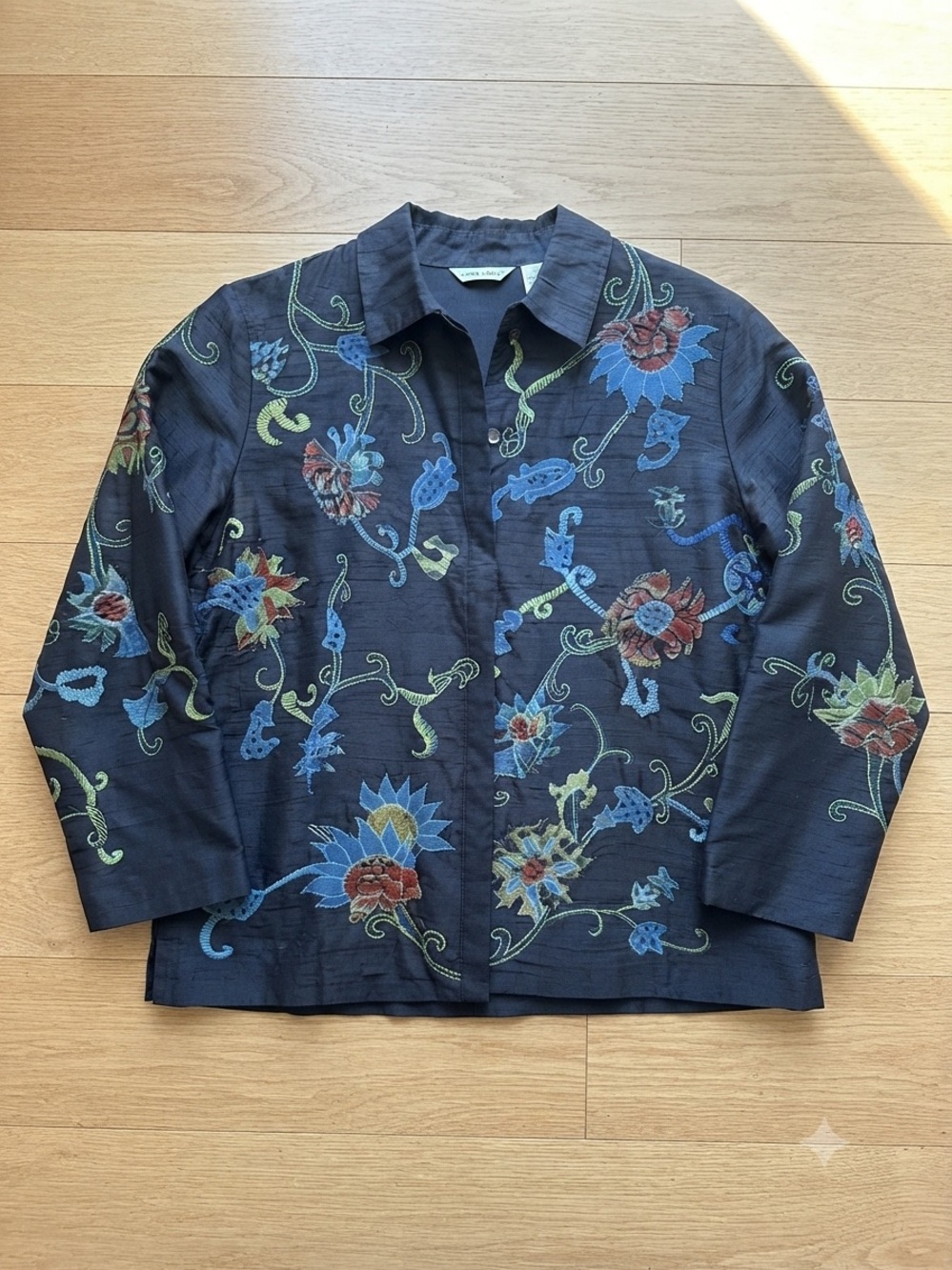 Laura Ashley Vintage Black Silk Embroidered Floral Beaded Jacket Top Women's L - Picture 2 of 10